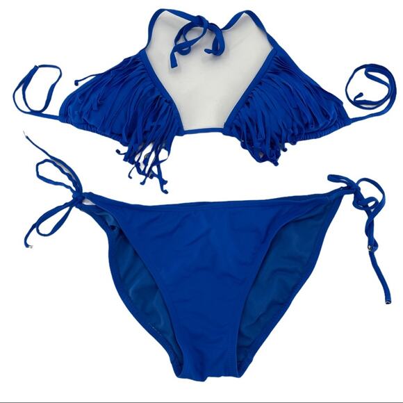 Xhilaration Women's Blue Fringe Two Piece Triangle Bikini Size Large L - Picture 1 of 7
